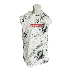 Mens Screenshot Marbled Sleeveless Hooded Cut Off Shirt w Zipper Detail  - Sz S
